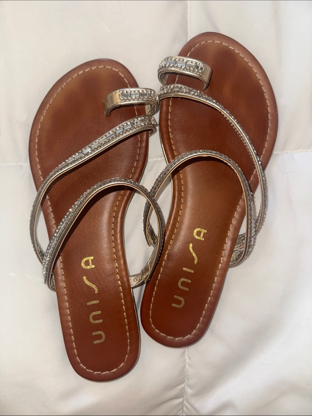Unisa Silver Rhinestone-Trim Leather Slide Sandal